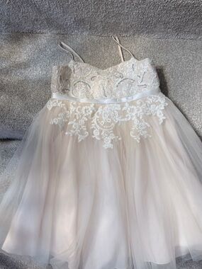 EUC David’s Bridal Girls Ivory Beige Lace Tulle Rhinestone Flower Girl Dress